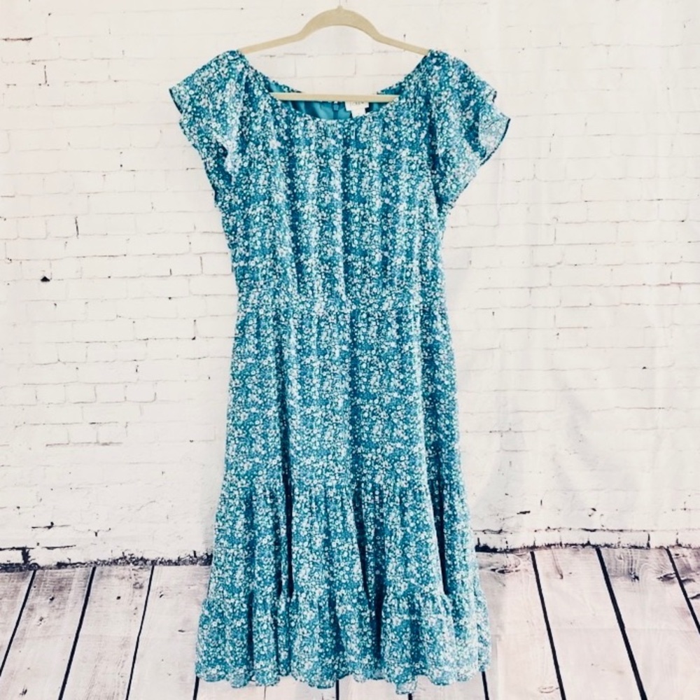 J Crew SZ 6 Teal Floral Prairie Flouncy Midi Dress
